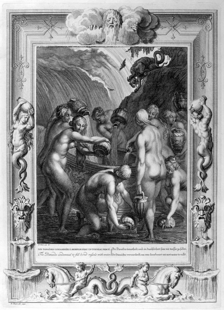 Danaiderne dømt til at fylde borede fartøjer med vand, 1733 af Bernard Picart