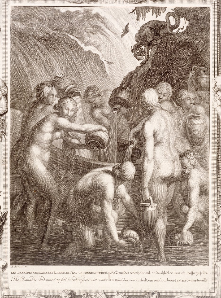 Danaiderne dømt til at fylde kedede fartøjer med vand, 1730 af Bernard Picart