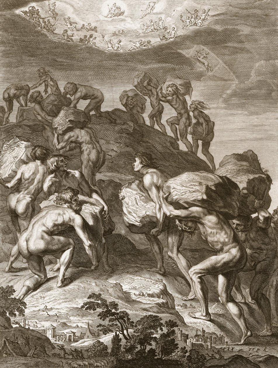 Kæmperne forsøger at skalere himlen ved at pille bjerge op på en anden, 1731 af Bernard Picart