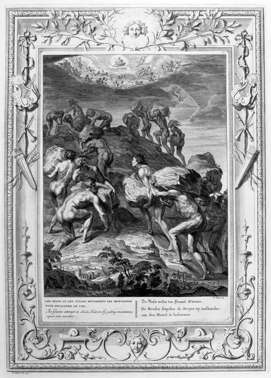 Jætterne forsøger at skalere himlen ved at stable bjerge oven på hinanden, 1733 af Bernard Picart