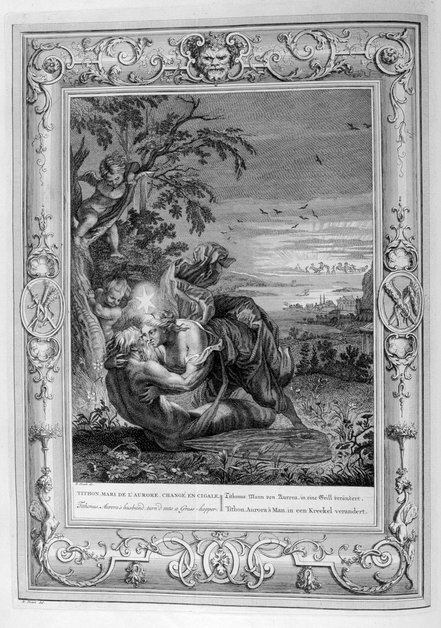Tithonus, Auroras ægtemand, forvandlet til en græshoppe, 1733 af Bernard Picart