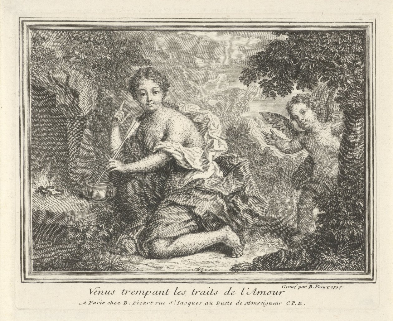 Venus mødt af pijlen van Amor Venus gennembløder kærlighedens træk (titel på objekt) af Bernard Picart