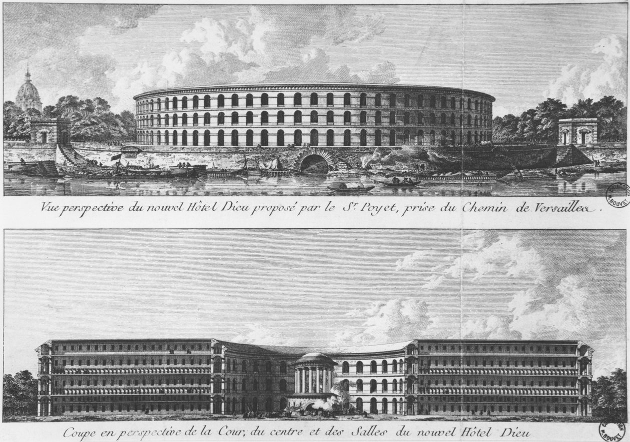 Projekt for flytning af et nyt Hotel-Dieu på Ile aux Cygnes, Paris, ca. 1787 (sort foto) af Bernard Poyet
