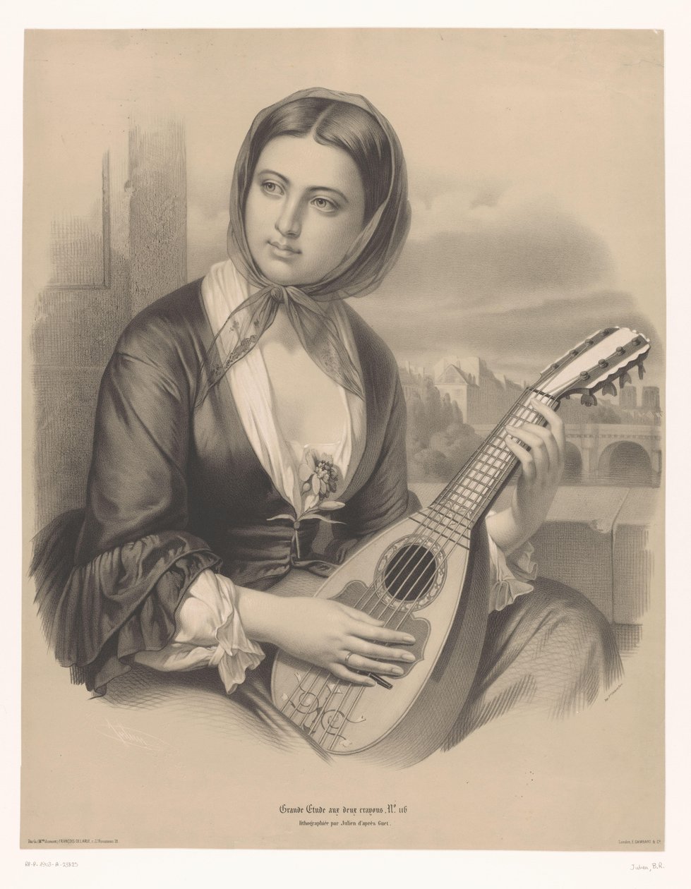 Kvinde spiller mandolin Store undersøgelser i to typer kridt (serietitel) Grande étude aux deux farveblyanter (serietitel på objekt) af Bernard Romain Julien