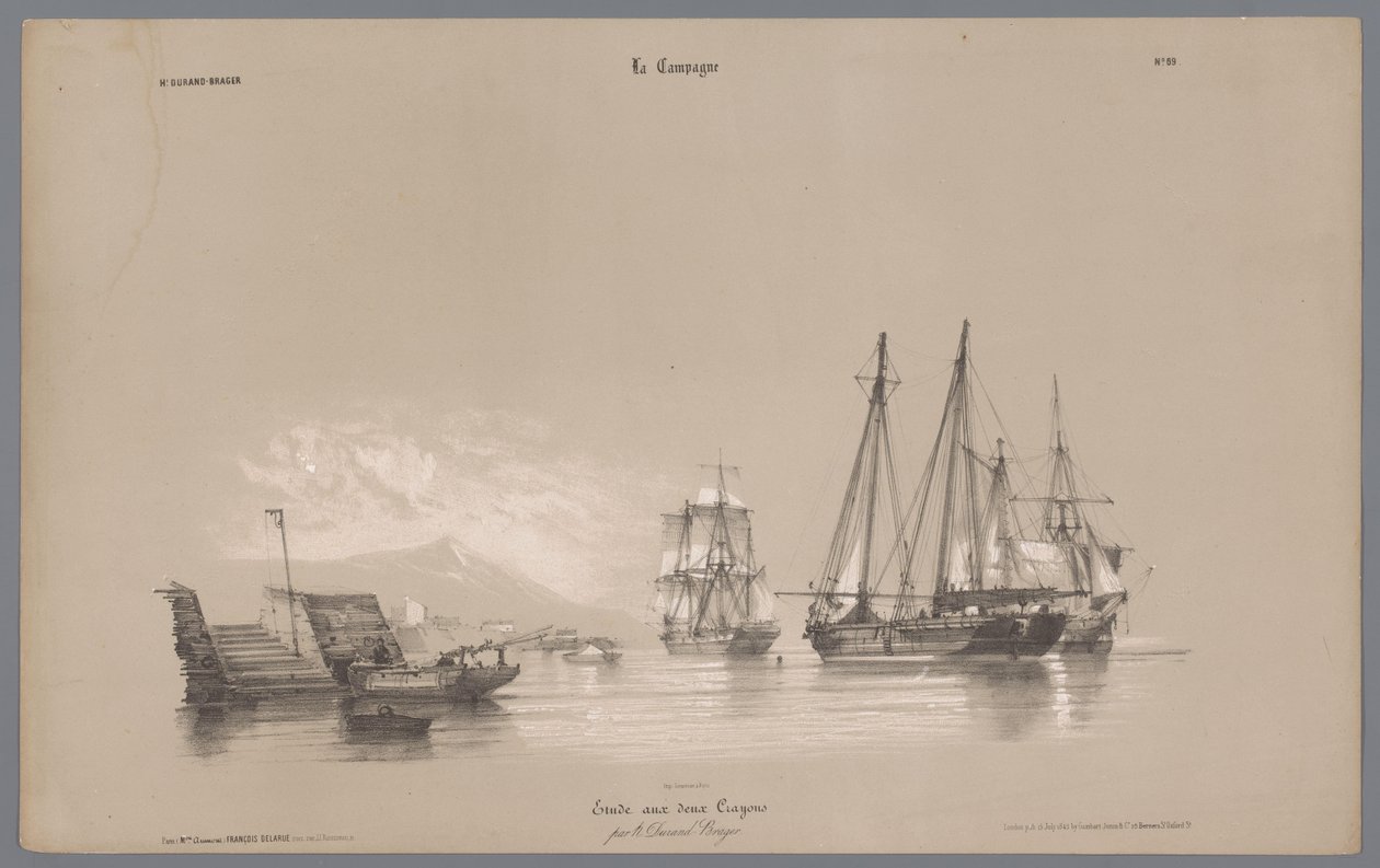 Sejlskibe i havnen Skildringer af livet på landet (serietitel) La kampagnen. Etudes varieés aux deux Crayons (serietitel på objekt) af Bernard Romain Julien