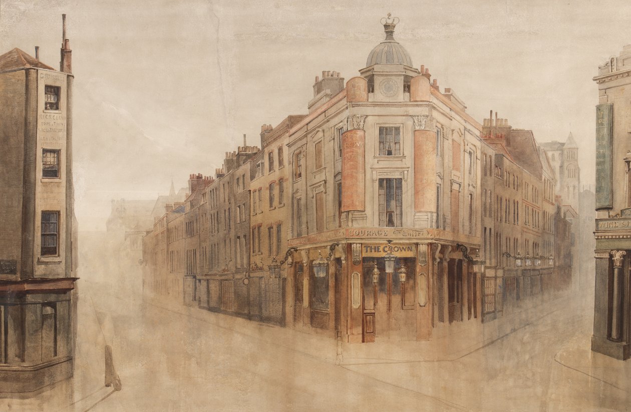 The Crown, hjørnet af Great White Lion Street, nu Mercer Street, og Monmouth Street, Seven Dials, London (wc på papir) af Bernard Walter Evans