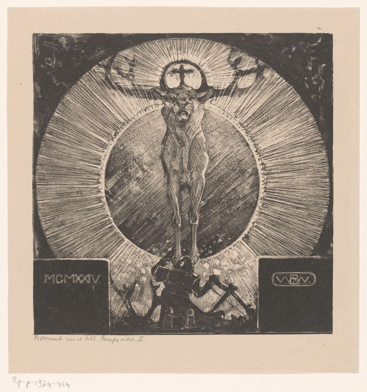 Figur for udseendet af en hjort The Vision of St. Hubertus (Komposition I) (original titel) af Bernard Willem Wierink (signed by artist)