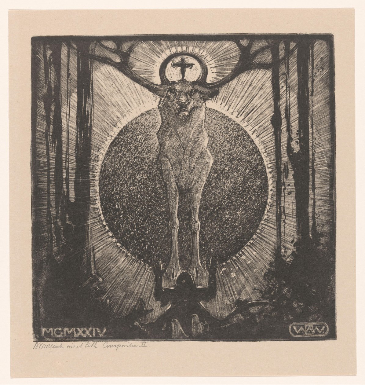 Knælende figur foran udseendet af en hjort The Vision of St. Hubertus (Composition II) (original titel) af Bernard Willem Wierink (signed by artist)