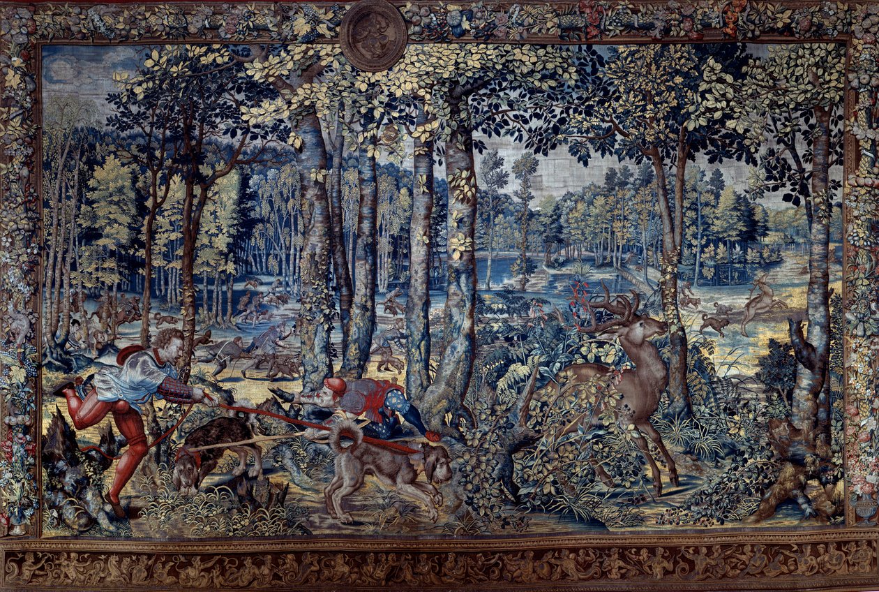 Ophængning af jagterne på Maximilian kendt som "" Beautiful hunts of Guise"": August, Jomfruen, Hjortejagten, rugerierne - Tapestry af Bernard van Orley (Barend, Barent, Bernaert van Brussel af Bernard van (after) Orley