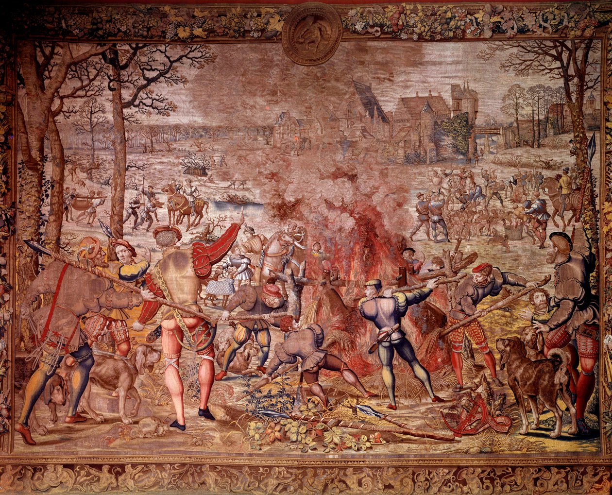 Maximiliens jagter kaldet "Beautiful hunts of Guise": januar måned, Vandmanden, vildsvinejagt, flambee, kure - Tapet lavet i de flamske værksteder af Bernard van Orley (Barend, Barent, Bernaert van Brussel af Bernard van (after) Orley