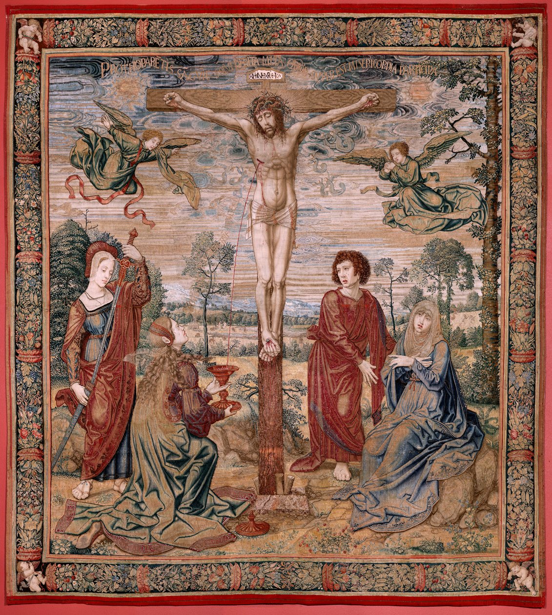 flamsk gobelin. Serien Dais of Charles V (Baldachin of Margaret of Austria). Barmhjertighedens Kristus (Cristo de la Misericordia). Tapestry panel bag podiet. Model Bernard van Orley (1491-1542). Fremstilling Pieter de Pannemaker, Bruxelles. 1518-1524. Sto af Bernard van Orley