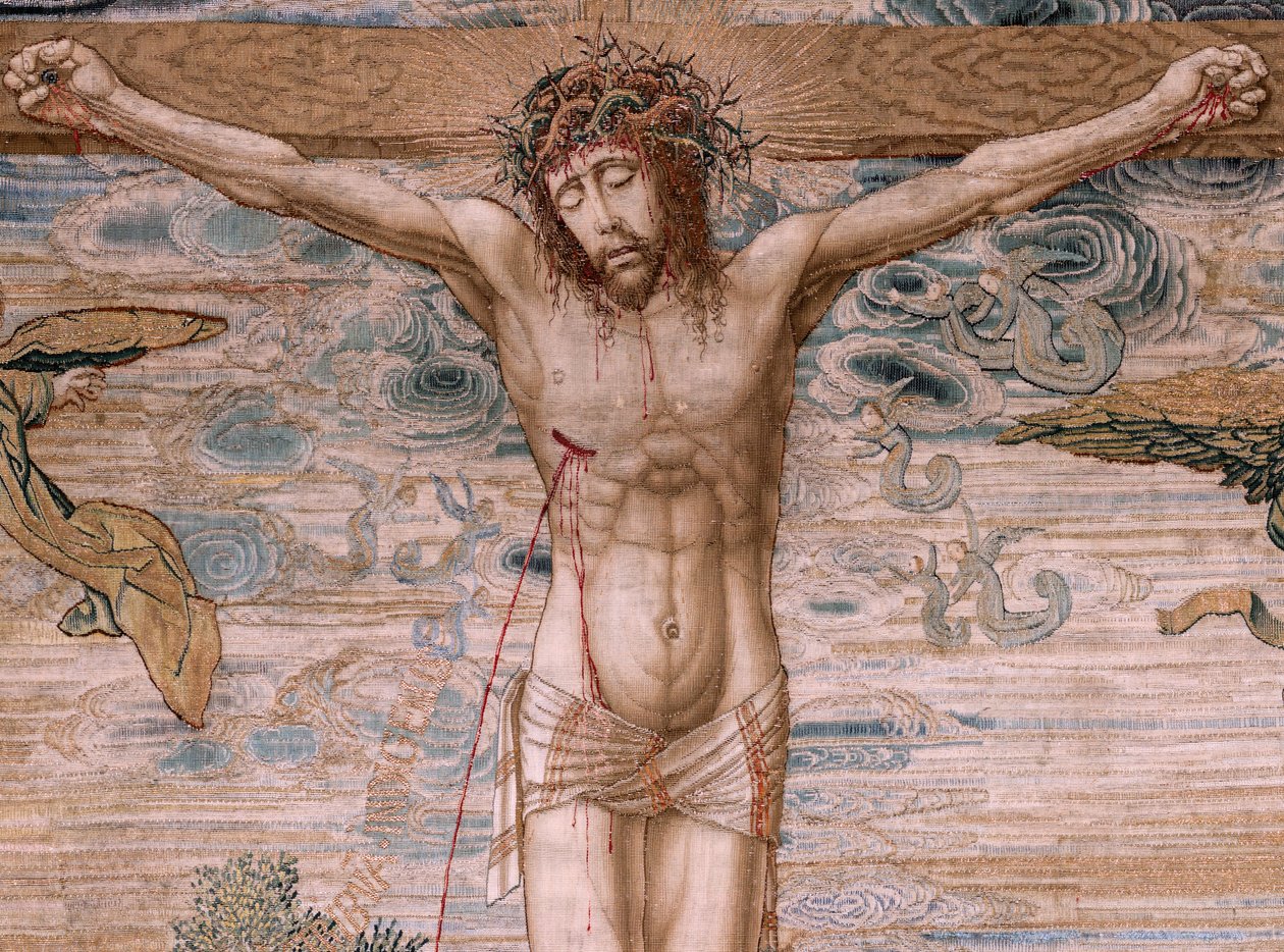 flamsk gobelin. Serien Dais of Charles V (Baldachin of Margaret of Austria). Barmhjertighedens Kristus (Cristo de la Misericordia). Tapestry panel bag podiet. Model Bernard van Orley (1491-1542). Fremstilling Pieter de Pannemaker, Bruxelles. 1518-1524. Sto af Bernard van Orley