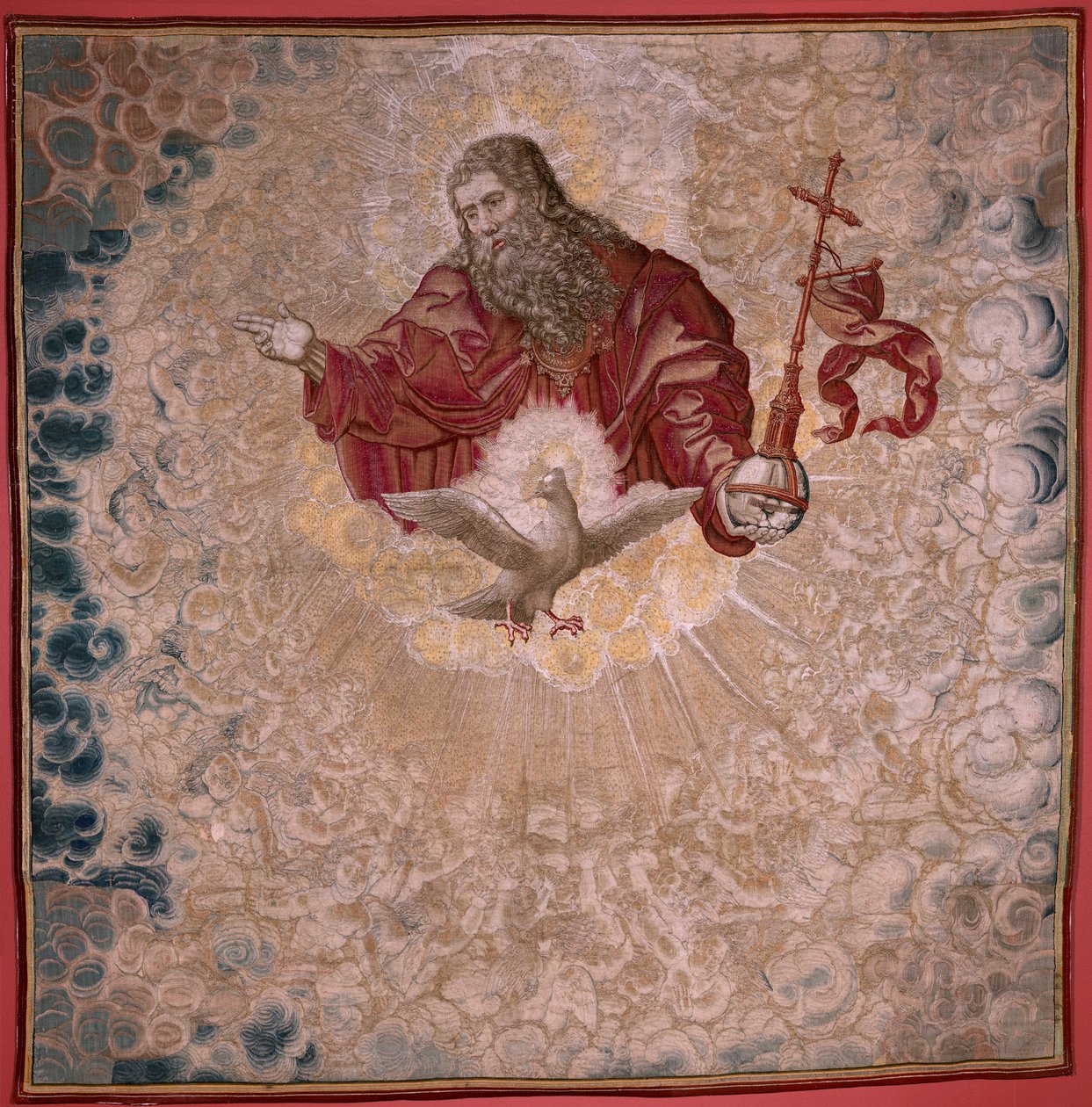 flamsk gobelin. Serien Dais of Charles V (Baldachin of Margaret of Austria). Gud Faderen og Helligånden (El Padre Eterno y el Espíritu Santo). Tapestry baldachin af podiet. Model Bernard van Orley (1491-1542). Fremstilling Pieter de Pannemaker, af Bernard van Orley