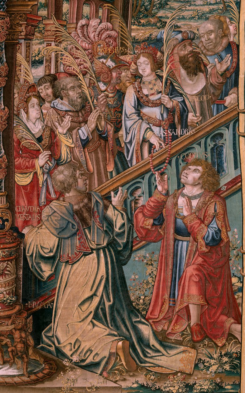 flamsk gobelin. Serien The Honours. Tro (La Fe). Første gobelin i serien. Modeltegnere fra Bernard van Orleys og Jan Gossaerts kreds (Mabuse). Fremstilling Pieter van Aelst, Bruxelles. Ca 1550. Stof Guld, sølv, silke og uld. af Bernard van Orley