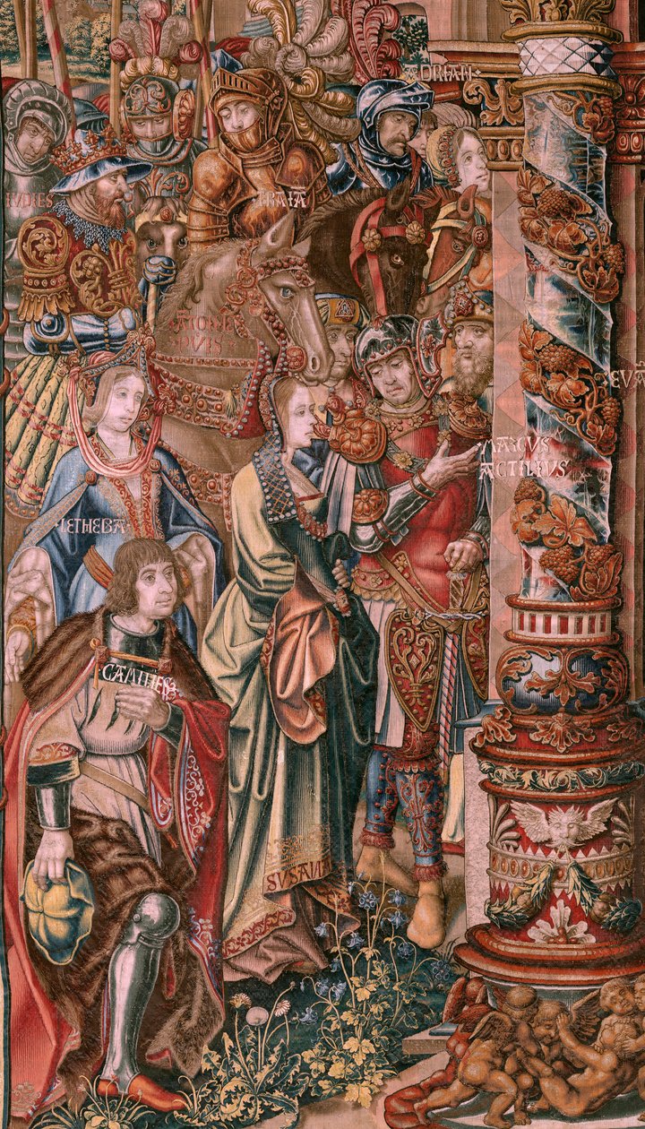 flamsk gobelin. Serien The Honours. Tro (La Fe). Første gobelin i serien. Modeltegnere fra Bernard van Orleys og Jan Gossaerts kreds (Mabuse). Fremstilling Pieter van Aelst, Bruxelles. Ca 1550. Stof Guld, sølv, silke og uld. af Bernard van Orley