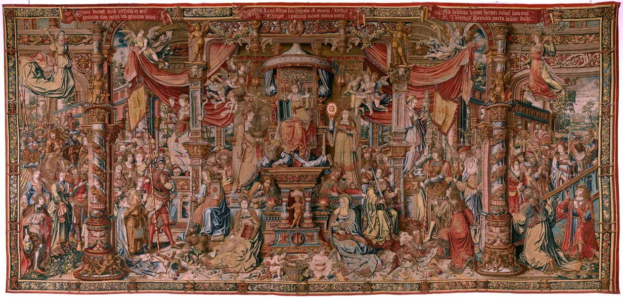 flamsk gobelin. Serien The Honours. Tro (La Fe). Første gobelin i serien. Modeltegnere fra Bernard van Orleys og Jan Gossaerts kreds (Mabuse). Fremstilling Pieter van Aelst, Bruxelles. Ca 1550. Stof Guld, sølv, silke og uld. af Bernard van Orley