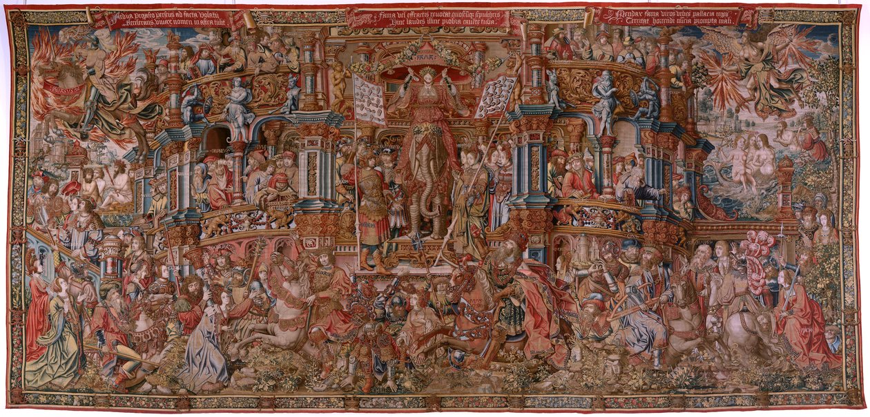 flamsk gobelin. Serien The Honours. Berømmelse (La Fama). Tredje gobelin i serien. Modeltegnere fra Bernard van Orleys og Jan Gossaerts kreds (Mabuse). Fremstilling Pieter van Aelst, Bruxelles. Ca 1550. Stof Guld, sølv, silke og uld. af Bernard van Orley