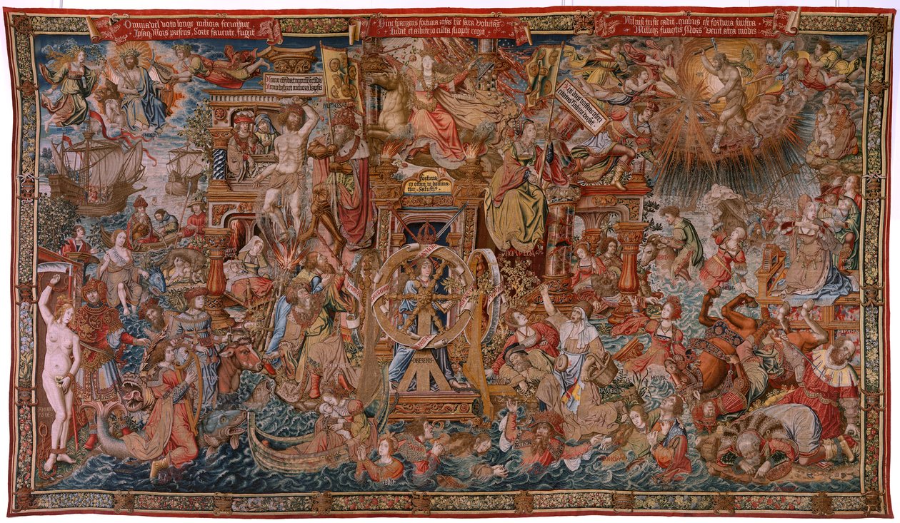 flamsk gobelin. Serien The Honours. Fortune, vejen til hæder (La Fortuna, Camino de los Honores). Femte gobelin i serien. Modeltegnere fra Bernard van Orleys og Jan Gossaert de Mabuses kreds. Fremstilling Pieter van Aelst, Brusse af Bernard van Orley