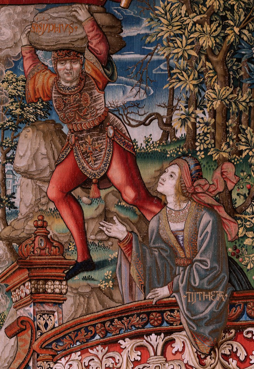 flamsk gobelin. Serien The Honours. Retfærdighed (La Justicia, Los Honores). Niende gobelin i serien. Modeltegnere fra Bernard van Orleys og Jan Gossaerts kreds (Mabuse). Fremstilling Pieter van Aelst, Bruxelles. Ca 1550. Stof Guld, sølv, af Bernard van Orley