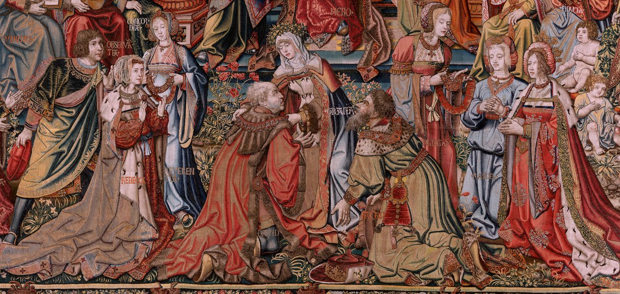 flamsk gobelin. Serien The Honours. Retfærdighed (La Justicia, Los Honores). Niende gobelin i serien. Modeltegnere fra Bernard van Orleys og Jan Gossaerts kreds (Mabuse). Fremstilling Pieter van Aelst, Bruxelles. Ca 1550. Stof Guld, sølv, af Bernard van Orley
