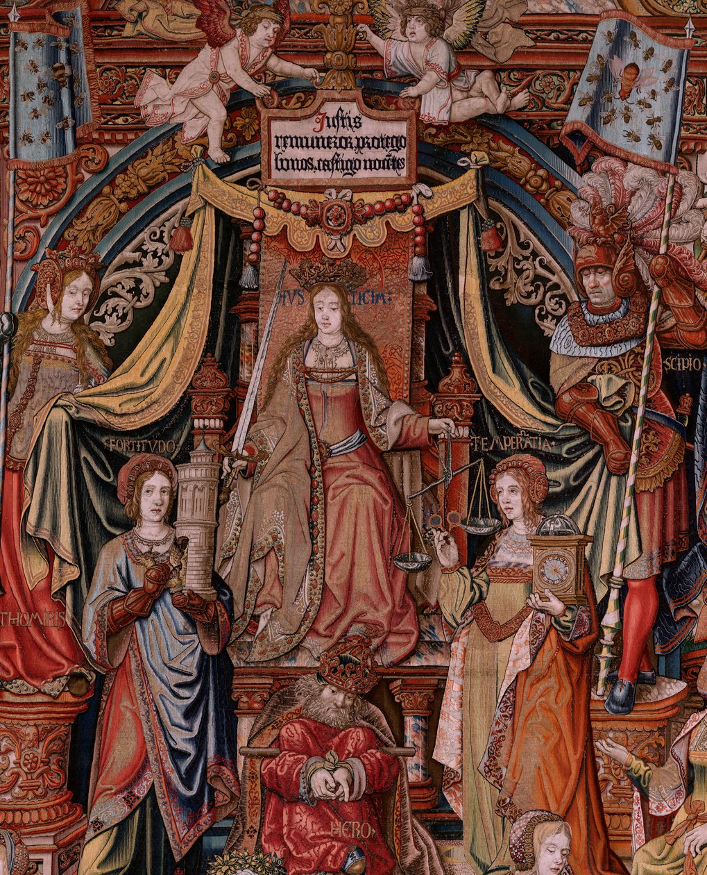 flamsk gobelin. Serien The Honours. Retfærdighed (La Justicia, Los Honores). Niende gobelin i serien. Modeltegnere fra Bernard van Orleys og Jan Gossaerts kreds (Mabuse). Fremstilling Pieter van Aelst, Bruxelles. Ca 1550. Stof Guld, sølv, af Bernard van Orley