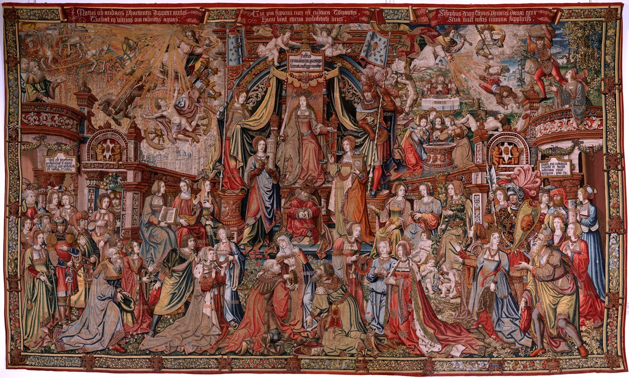 flamsk gobelin. Serien The Honours. Retfærdighed (La Justicia, Los Honores). Niende gobelin i serien. Modeltegnere fra Bernard van Orleys og Jan Gossaerts kreds (Mabuse). Fremstilling Pieter van Aelst, Bruxelles. Ca 1550. Stof Guld, sølv, af Bernard van Orley