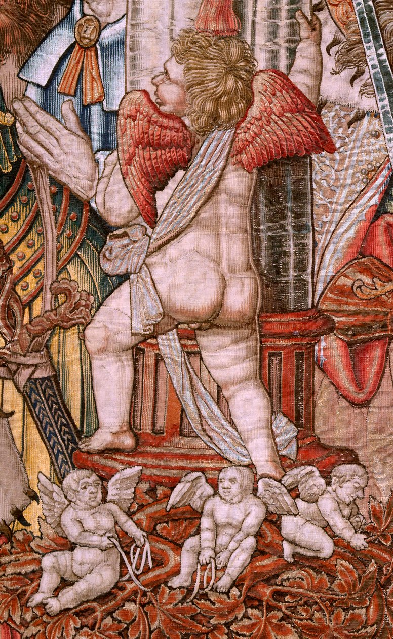 flamsk gobelin. Serie The Honours; Adel (La Nobleza). Fjerde gobelin i serien. Modeltegnere fra Bernard van Orleys og Jan Gossaerts kreds (Mabuse). Fremstilling Pieter van Aelst, Bruxelles. Ca 1550. Stof Guld, sølv, silke og woo af Bernard van Orley
