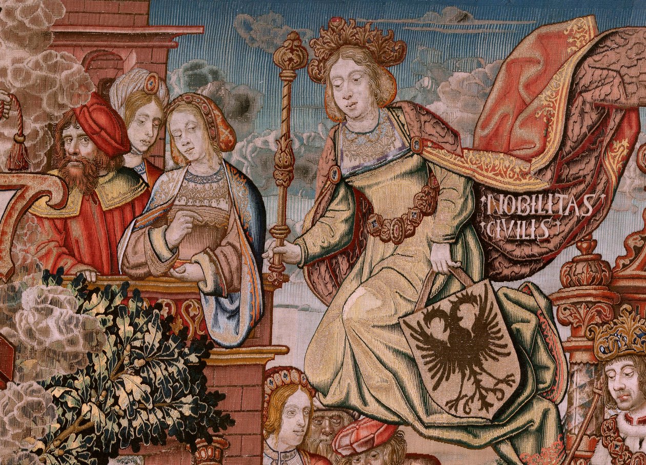 flamsk gobelin. Serie The Honours; Adel (La Nobleza). Fjerde gobelin i serien. Modeltegnere fra Bernard van Orleys og Jan Gossaerts kreds (Mabuse). Fremstilling Pieter van Aelst, Bruxelles. Ca 1550. Stof Guld, sølv, silke og woo af Bernard van Orley