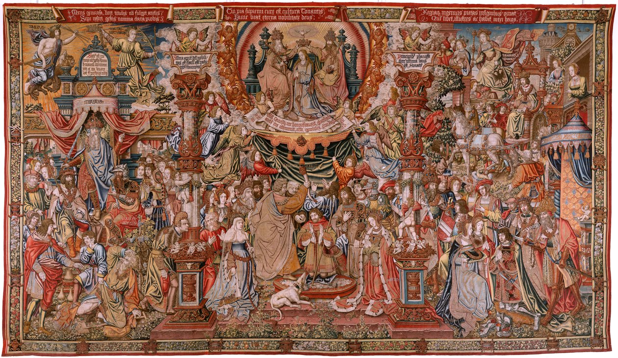flamsk gobelin. Serie The Honours; Adel (La Nobleza). Fjerde gobelin i serien. Modeltegnere fra Bernard van Orleys og Jan Gossaerts kreds (Mabuse). Fremstilling Pieter van Aelst, Bruxelles. Ca 1550. Stof Guld, sølv, silke og woo af Bernard van Orley