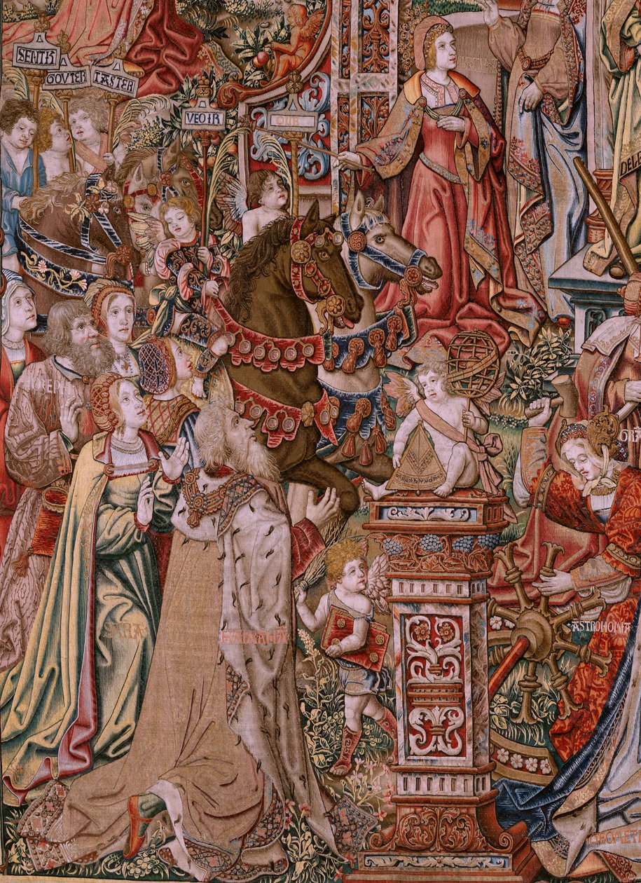 flamsk gobelin. Serie The Honours; Prudence (La Prudencia). Syvende gobelin i serien. Modeltegnere fra Bernard van Orleys og Jan Gossaerts kreds (Mabuse). Fremstilling Pieter van Aelst, Bruxelles. Ca 1550. Stof Guld, sølv, silke og w af Bernard van Orley
