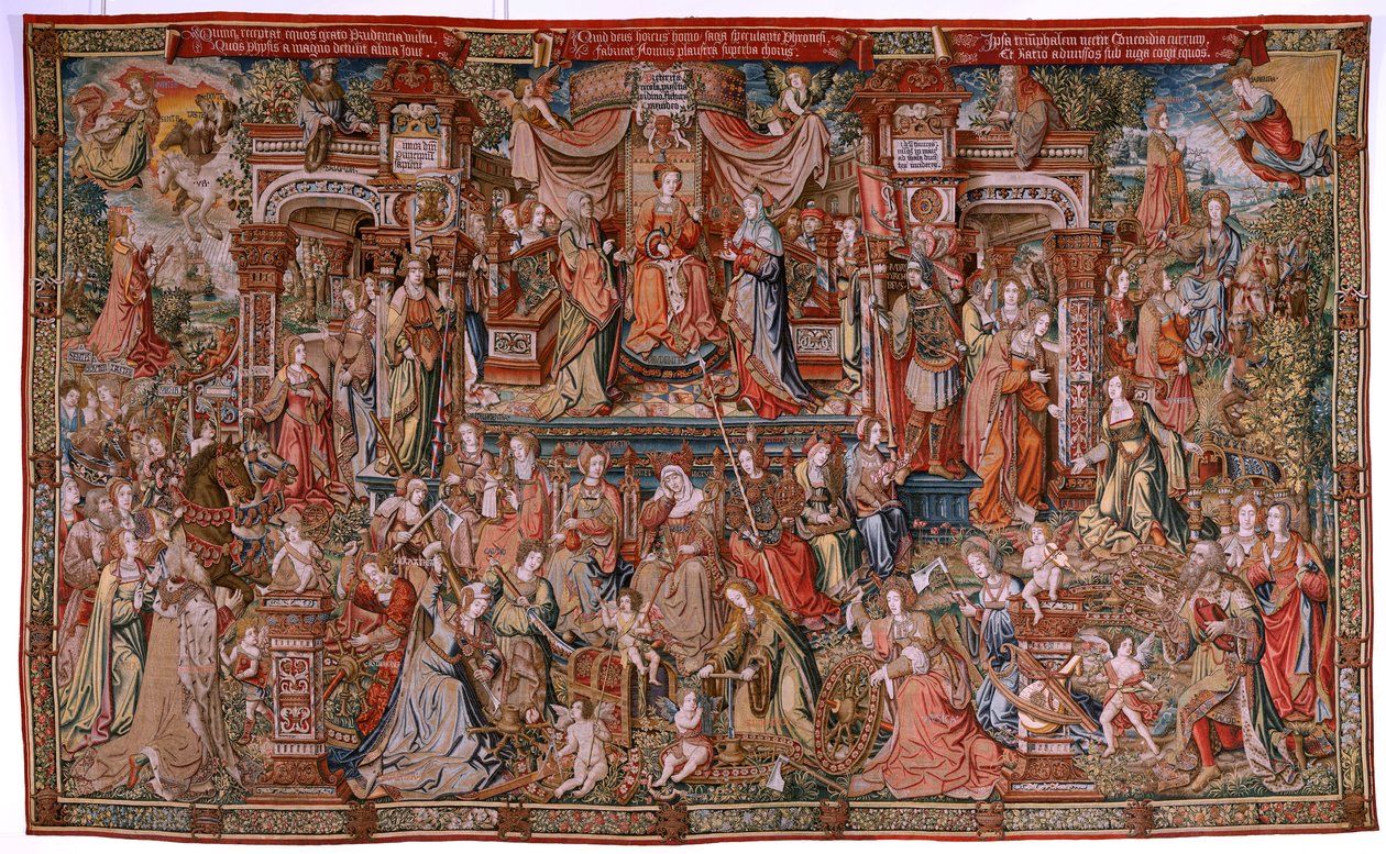 flamsk gobelin. Serie The Honours; Prudence (La Prudencia). Syvende gobelin i serien. Modeltegnere fra Bernard van Orleys og Jan Gossaerts kreds (Mabuse). Fremstilling Pieter van Aelst, Bruxelles. Ca 1550. Stof Guld, sølv, silke og w af Bernard van Orley