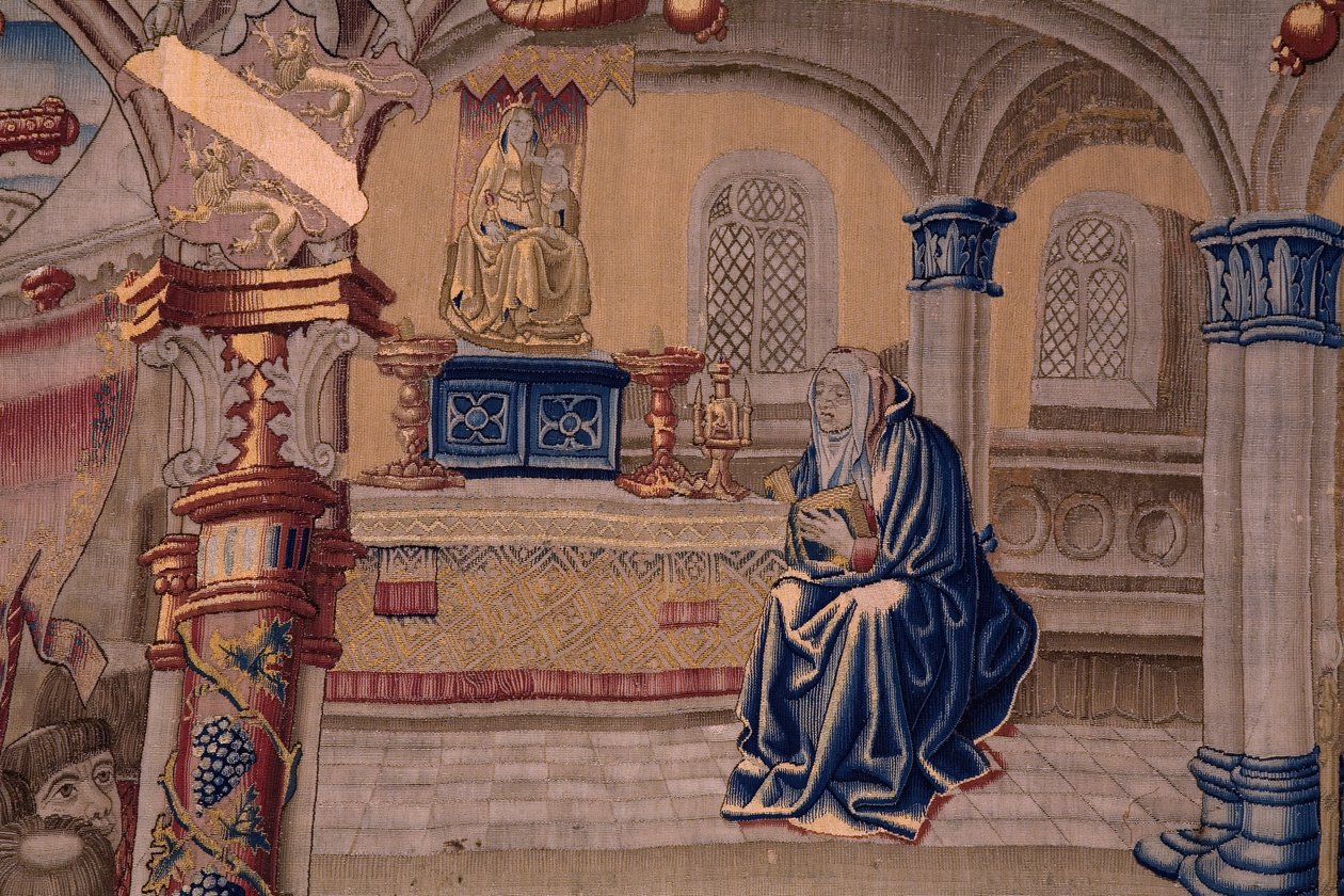 flamsk gobelin. Serie The Legend of the Madonna of the Sablon (The Legend of Our Lady of the Sablon). Ankomsten af ​​statuen af ​​Madonnaen. Fremstilling af Bruxelles. Tegneren Barend van Orley af Bernard van Orley