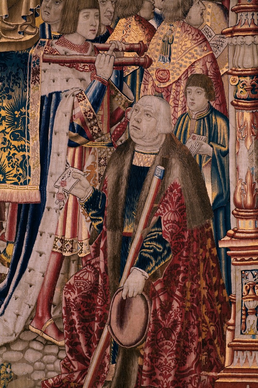 flamsk gobelin. Serie The Legend of the Madonna of the Sablon (The Legend of Our Lady of the Sablon). Ankomsten af ​​statuen af ​​Madonnaen. Fremstilling af Bruxelles. Tegneren Barend van Orley af Bernard van Orley