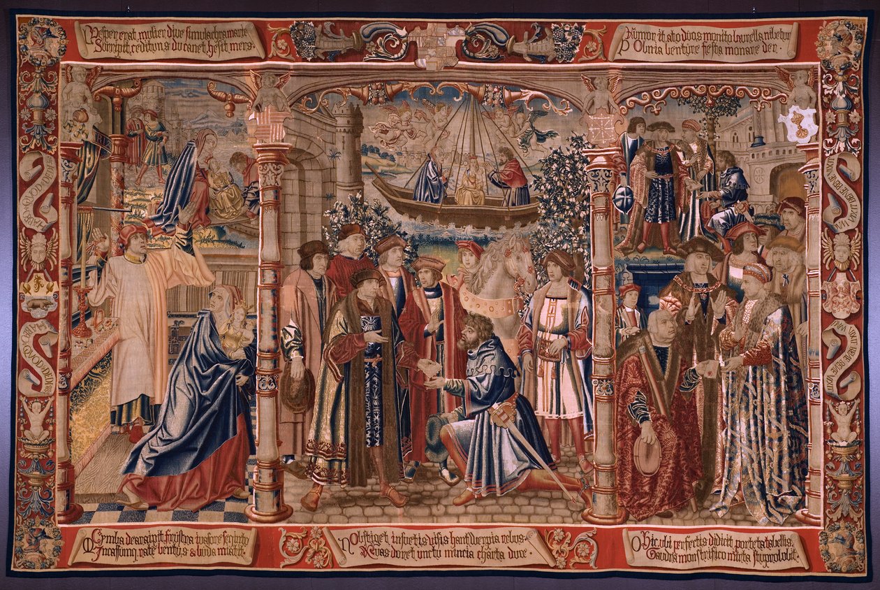 flamsk gobelin. Serie The Legend of the Madonna of the Sablon (The Legend of Our Lady of the Sablon). Statuen af ​​Madonna kommer til Sablon-kirken (Statuen af ​​Vor Frue tages til Sablon-kirken, La Estatua de af Bernard van Orley