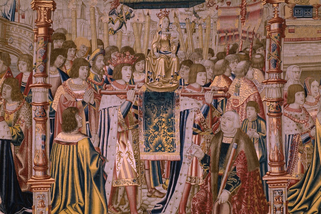 flamsk gobelin. Serie The Legend of the Madonna of the Sablon (The Legend of Our Lady of the Sablon). Ankomsten af ​​statuen af ​​Madonnaen. Fremstilling af Bruxelles. Tegneren Barend van Orley af Bernard van Orley