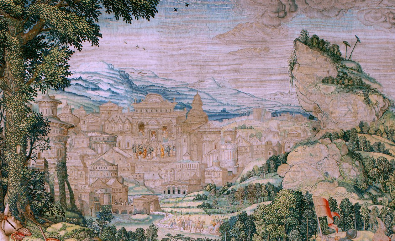 flamsk gobelin. Serien The Passion of Christ. Fald på vej til Golgata (Caída en el camino del Calvario). Andet gobelin i serien. Modeller Tegner Bernard van Orley. Fremstilling Pieter de Pannemaker, Bruxelles. Ca 1518-1523. Stof guld, sølv, af Bernard van Orley