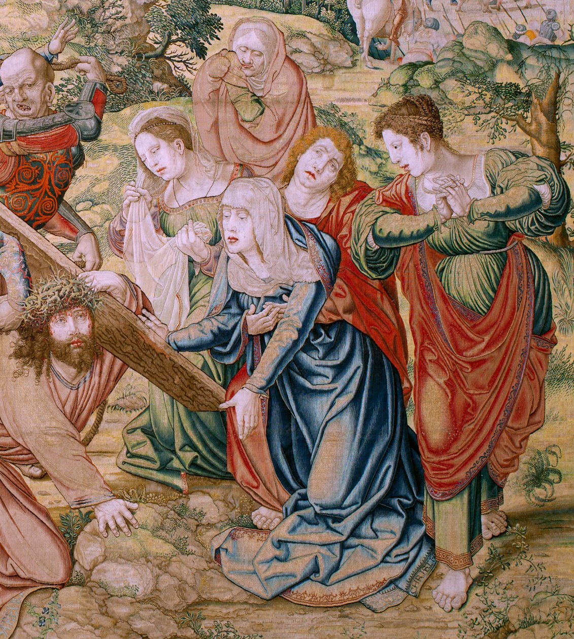 flamsk gobelin. Serien The Passion of Christ. Fald på vej til Golgata (Caída en el camino del Calvario). Andet gobelin i serien. Modeller Tegner Bernard van Orley. Fremstilling Pieter de Pannemaker, Bruxelles. Ca 1518-1523. Stof guld, sølv, af Bernard van Orley