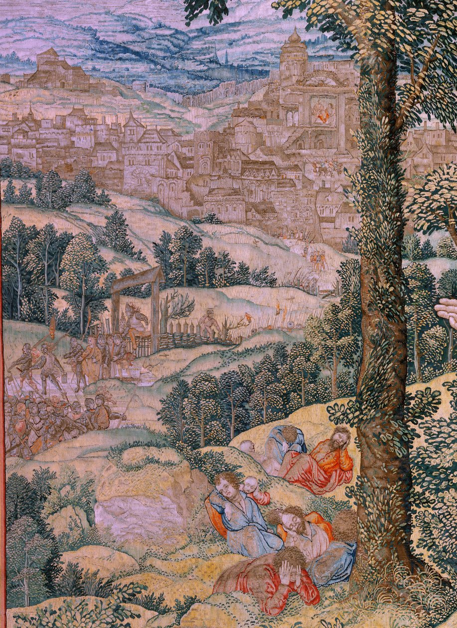 flamsk gobelin. Serien Kristi lidenskab. Kristus på Oliebjerget. Fremstilling Pieter de Pannemaeker, Bruxelles. Tegneren Barend van Orley. ca 1518-1522. af Bernard van Orley