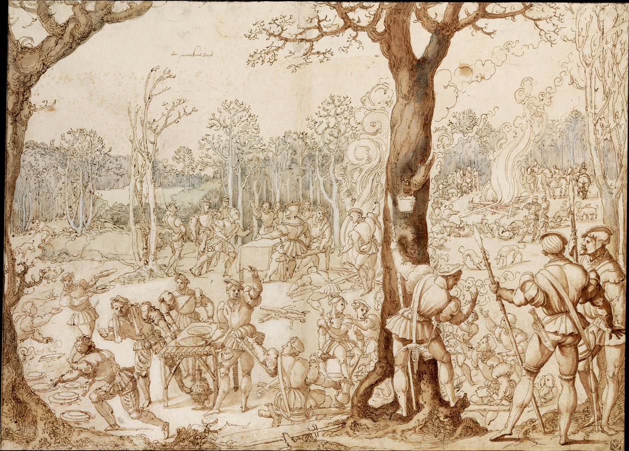 Sharing Out the Game (banketscene i skoven, under en dag med jagt) - Værk af Bernaert van Orley (1488-1541) (Barend, Barent, Bernard van Brussel), blæk på papir (37 ,6x57,7) af Bernard van Orley