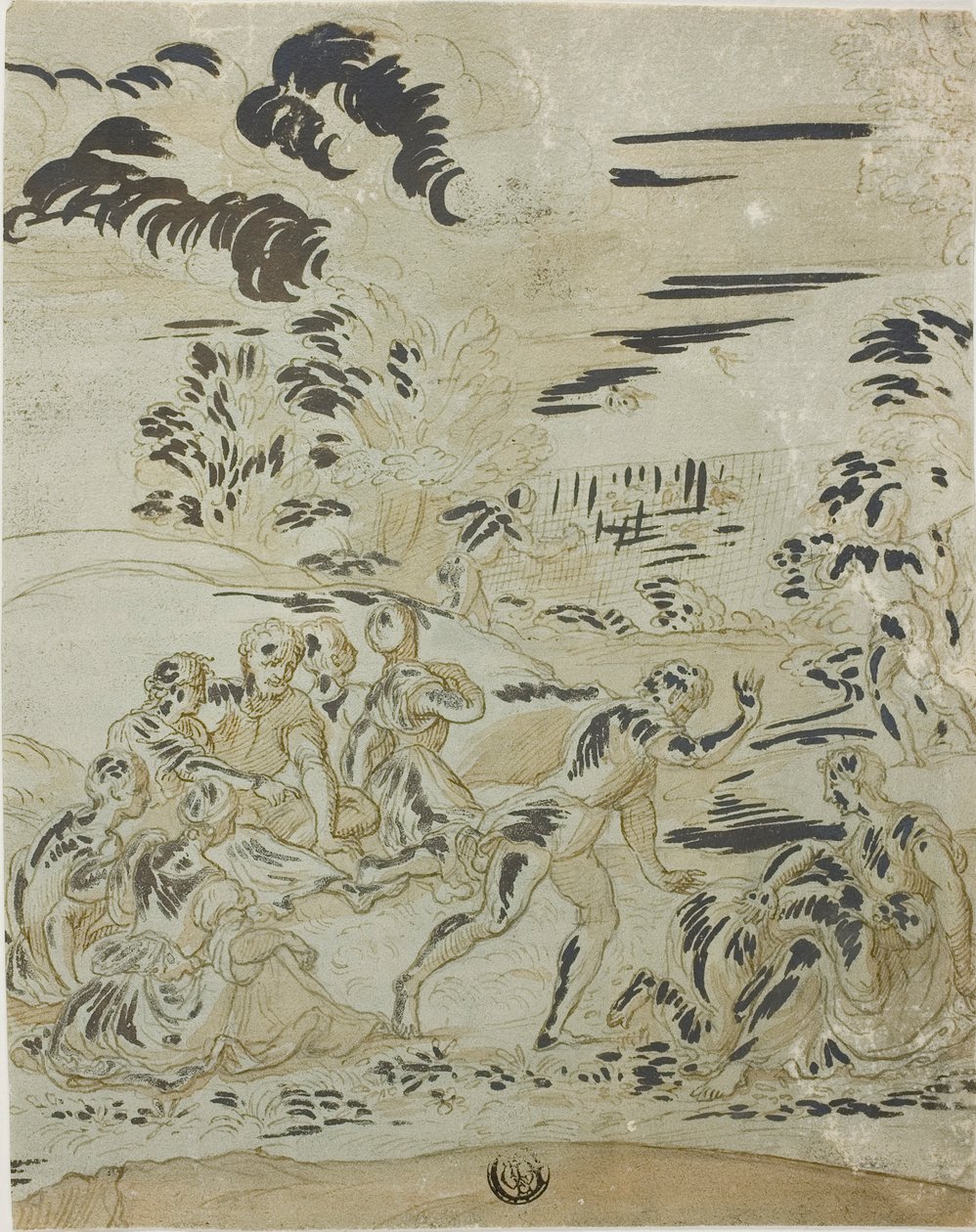 Pastoral scene: Mænd, der jager fugle, par, der sidder på jorden af Bernard van Orley