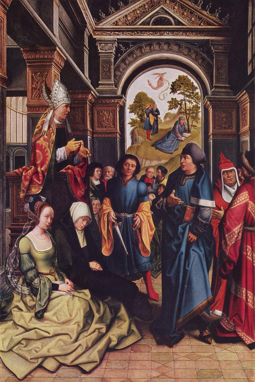 Prædiken af den hellige Ambrosius udenfor: To hellige biskopper, der står op af Bernard van Orley