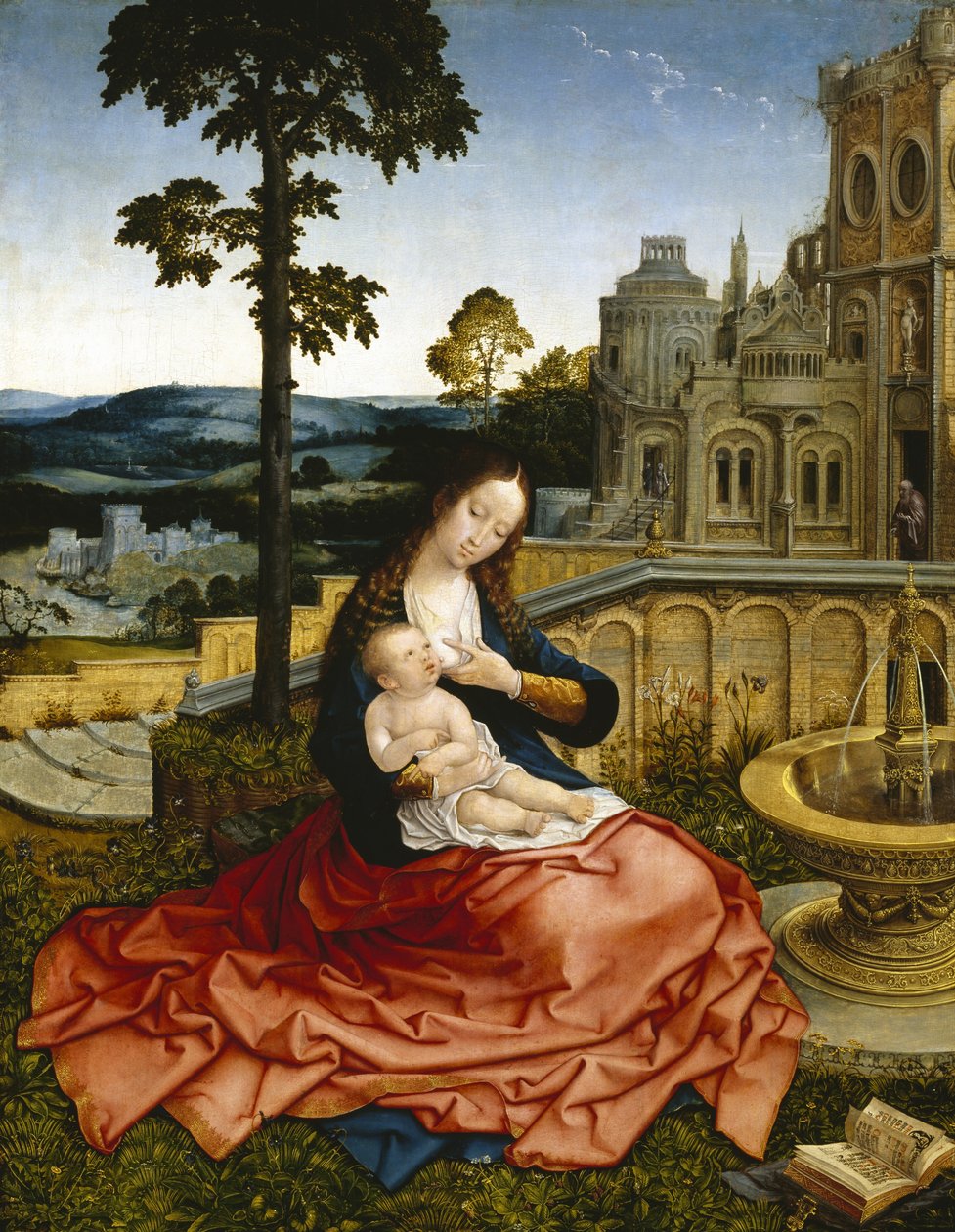 Jomfruen og barnet ved en fontæne (olie på panel) af Bernard van Orley