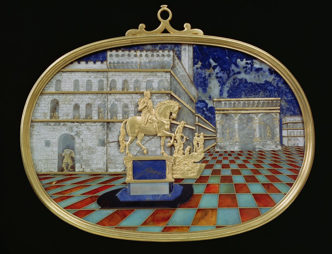 Miniaturemosaik af en italiensk piazza, sandsynligvis Firenze, indeholdende bronze og en rytterstatue, mosaik af Gaffuri og guldbasisrelieffer af Bilivelt (guld, lapis lazuli og halvædelsten) af Bernardino and Bilivert, Jacopo Gaffuri