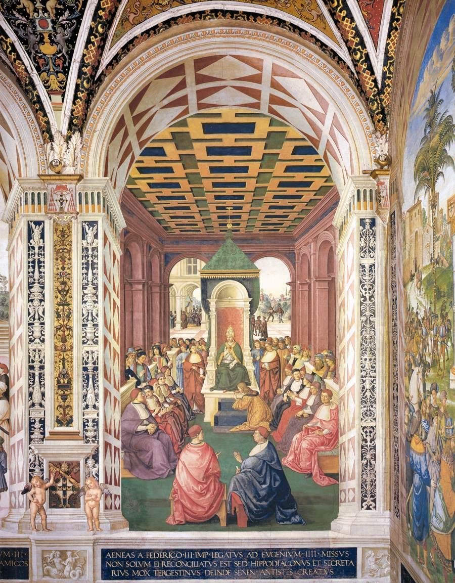Hyldest til pave Eugenius IV i navn af kejser Frederik III af Bernardino di Betto Pinturicchio