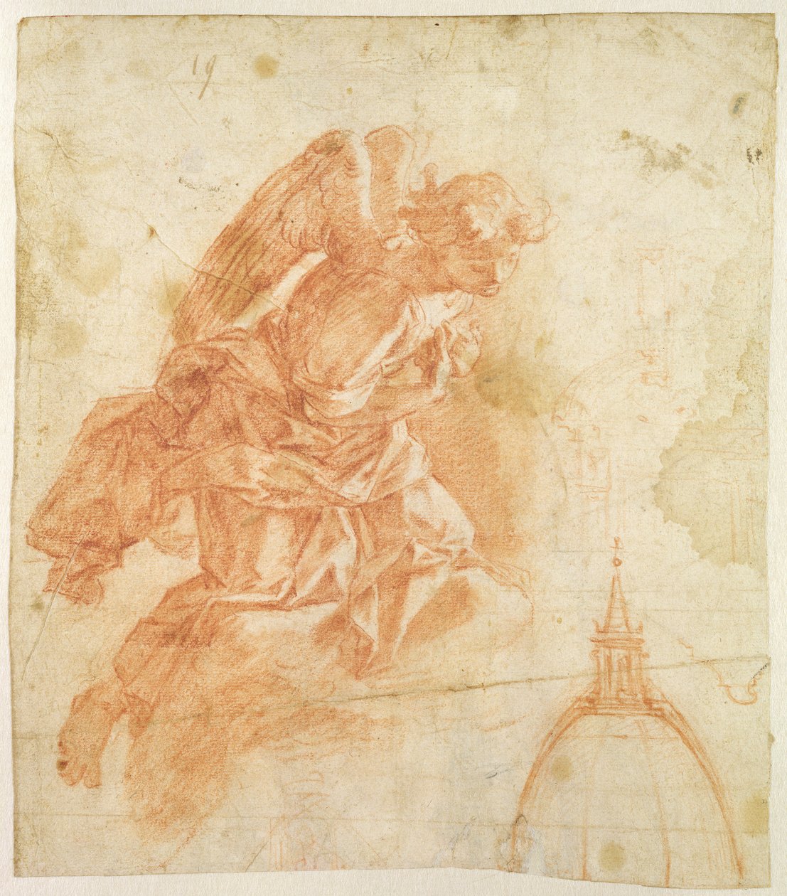 Ophængt engel og arkitektonisk skitse, ca. 1600 (rødt kridt på papir) af Bernardino Barbatelli Poccetti