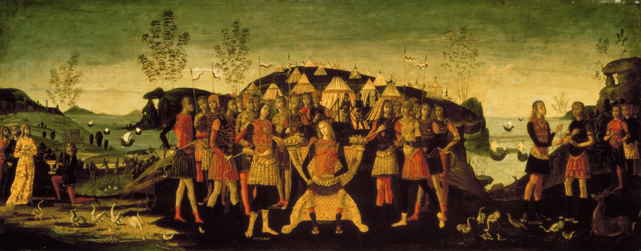 Scipio Africanus (237-183 f.Kr.), romersk general, med den fangede numidianske prins Sphax, hvis kone Sophonisba, en karthaginsk adelskvinde, står til venstre, ca. 1490 af Bernardino Fungai