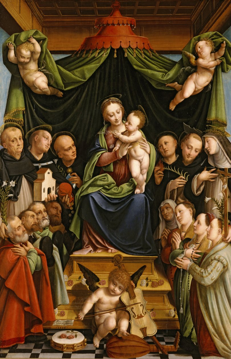 Madonna og barn optaget med helgener og donorer af Bernardino Lanino