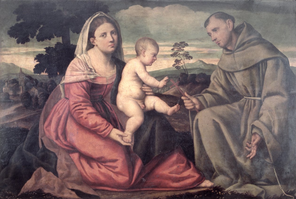 Madonna og barn med St. Francis, ca. 1540 (panel) af Bernardino Licinio