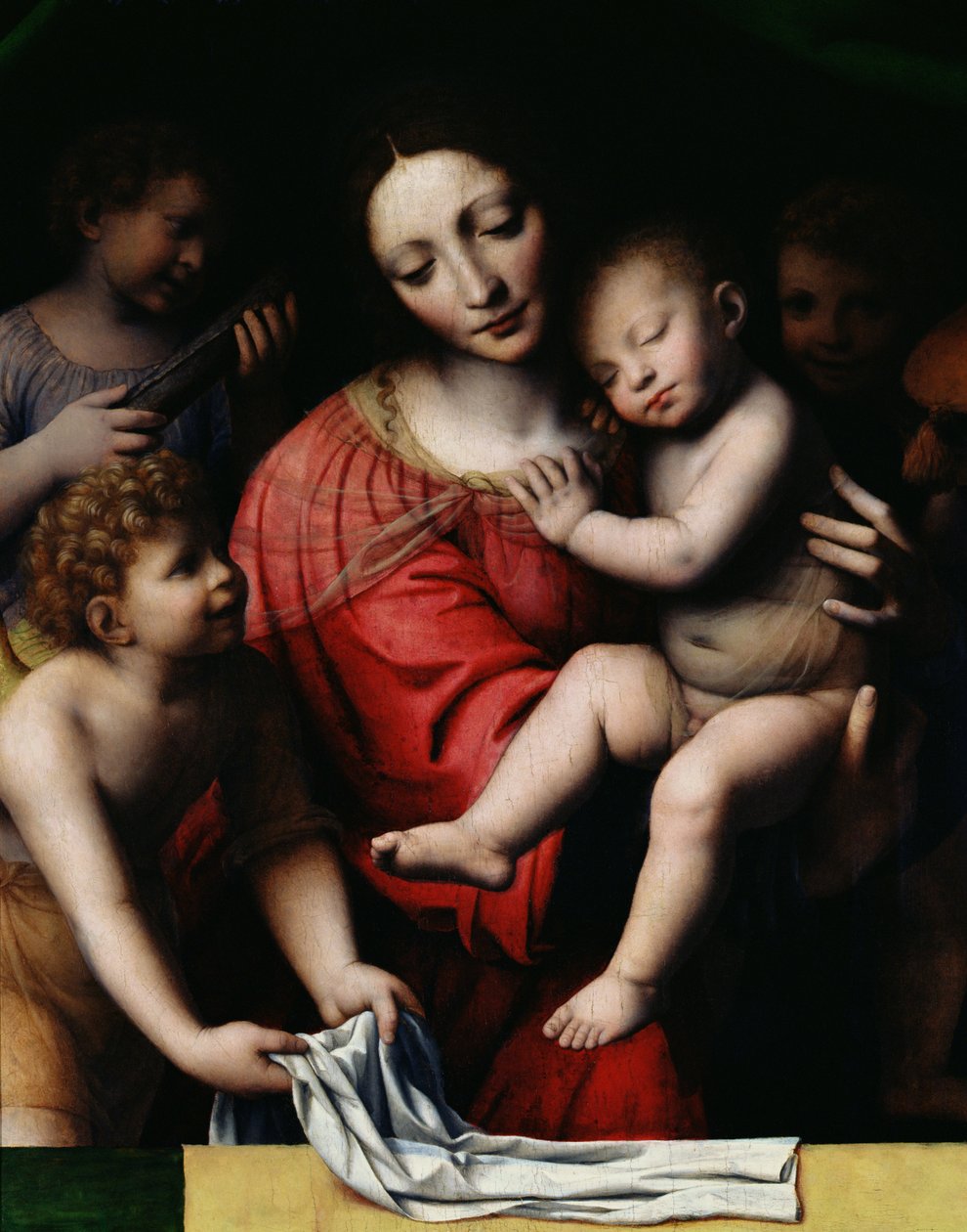 Den sovende Jesus, eller Madonna, der holder det sovende barn, ledsaget af tre engle, 1532 af Bernardino Luini