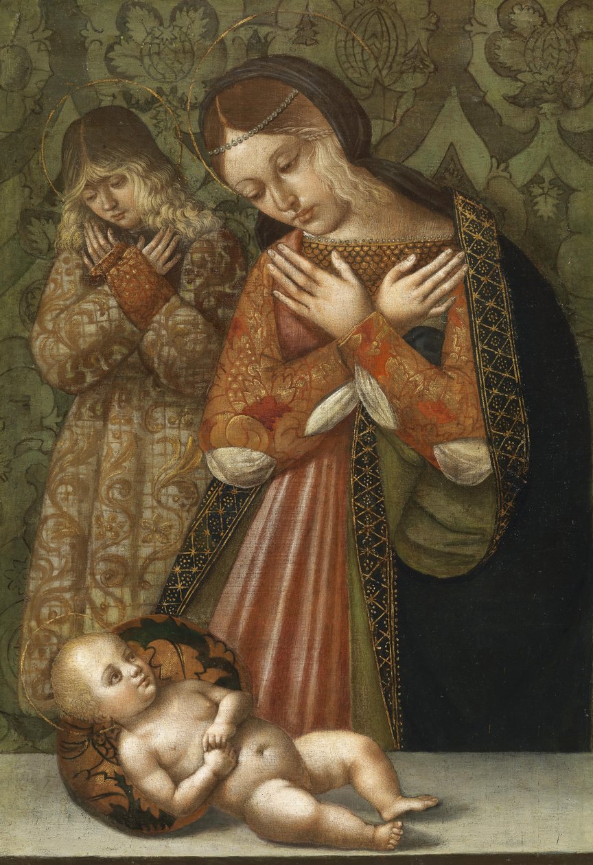 Mary og en engel, der elsker barnet af Bernardino di Bosio Zaganelli